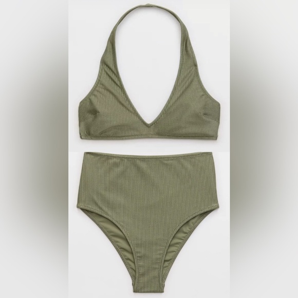 aerie Other - NWT Aerie FULL SET Shine Rib Halter Top + High Waisted Cheeky Bottom Olive 🫒 M